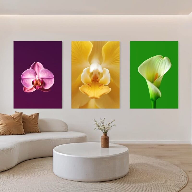 set 3 tablouri canvas "grădina vibrantă" triptic modern cu orhidee și cală, artă murală colorată