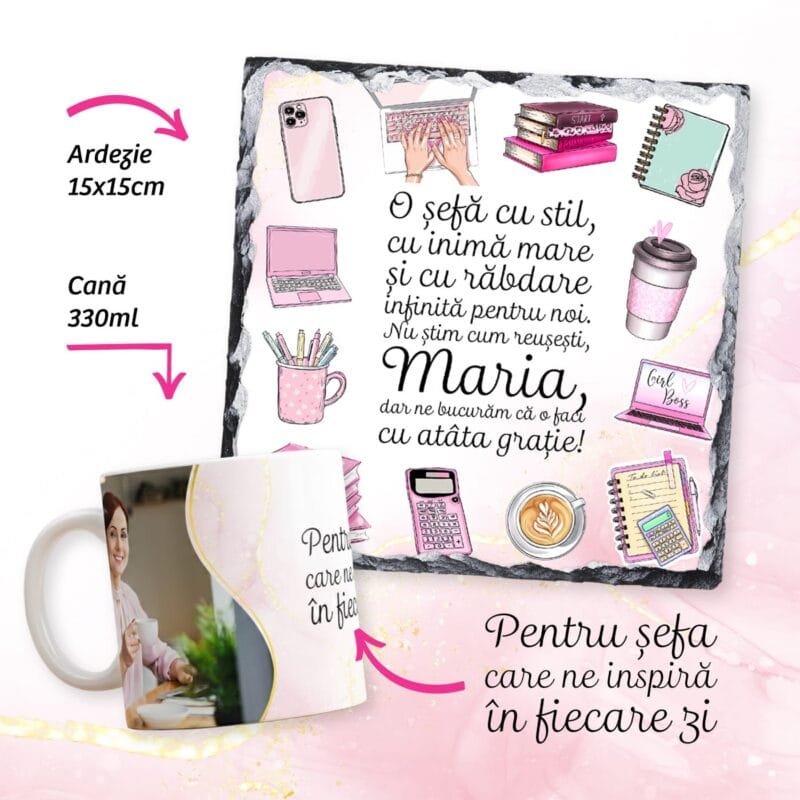 set cadou "cea mai bună Șefă" – cană și ardezie personalizate