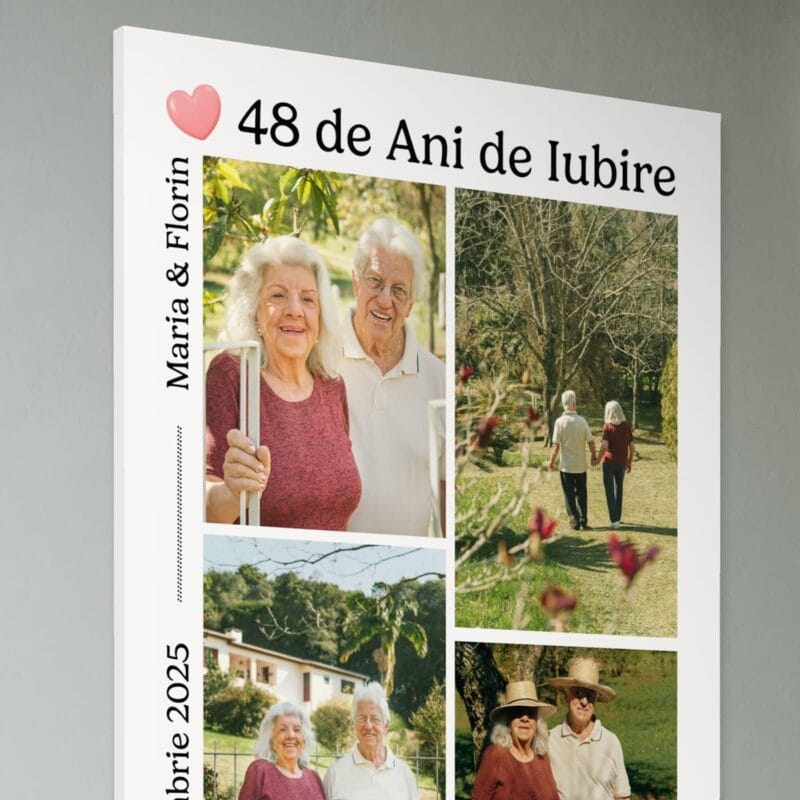 tablou aniversar personalizat – colaj cu 4 poze, ani, nume și dată