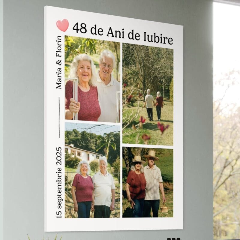 tablou aniversar personalizat – colaj cu 4 poze, ani, nume și dată