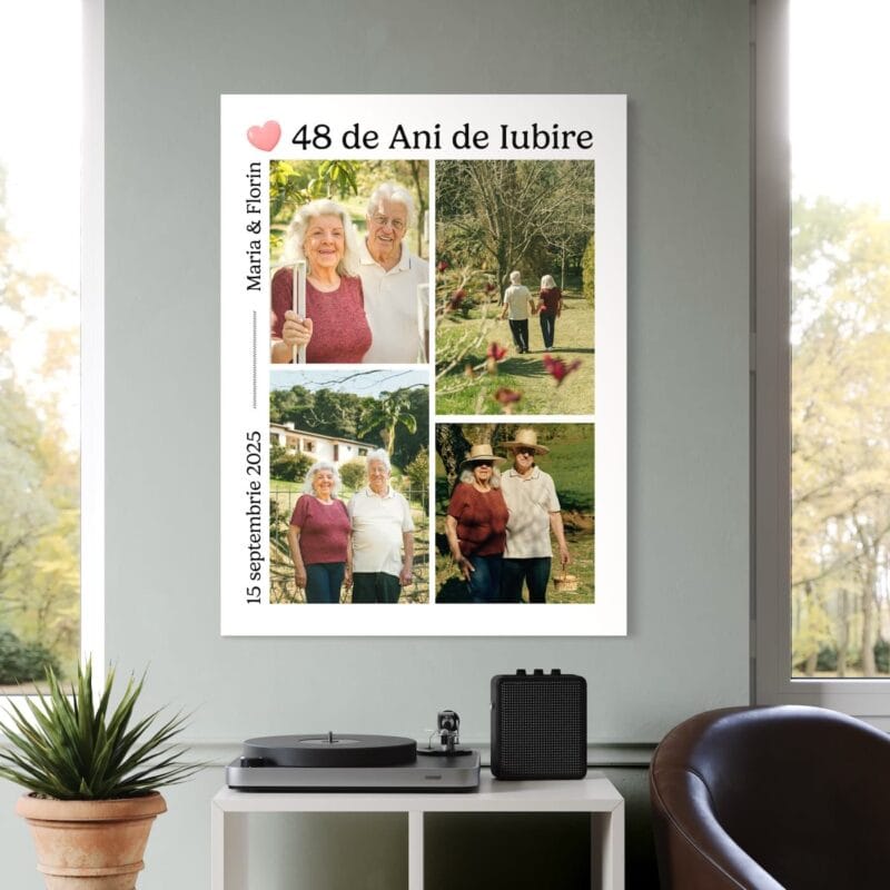 tablou aniversar personalizat – colaj cu 4 poze, ani, nume și dată