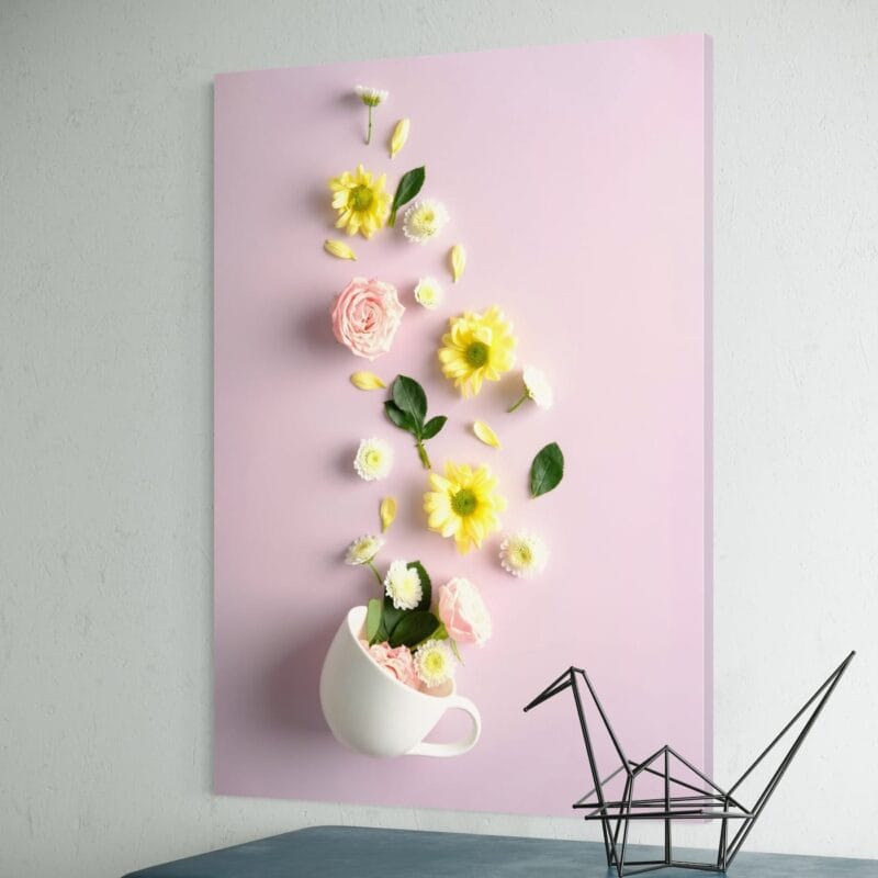 tablou canvas "cascadă de primăvară" artă murală cu ceașcă și flori, decor vesel pentru bucătărie