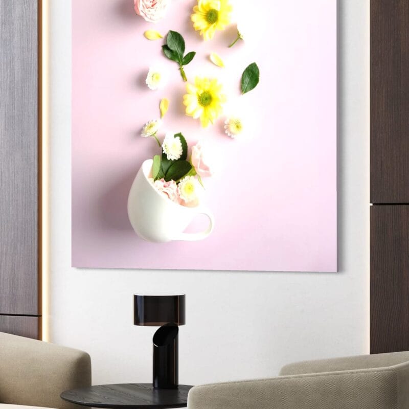 tablou canvas "cascadă de primăvară" artă murală cu ceașcă și flori, decor vesel pentru bucătărie