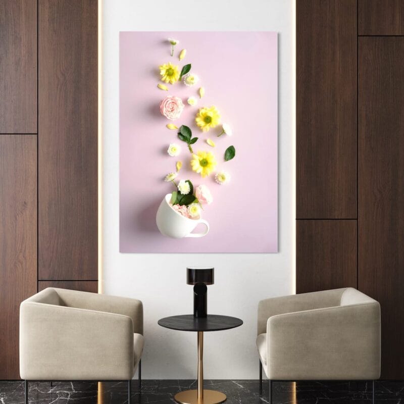 tablou canvas "cascadă de primăvară" artă murală cu ceașcă și flori, decor vesel pentru bucătărie