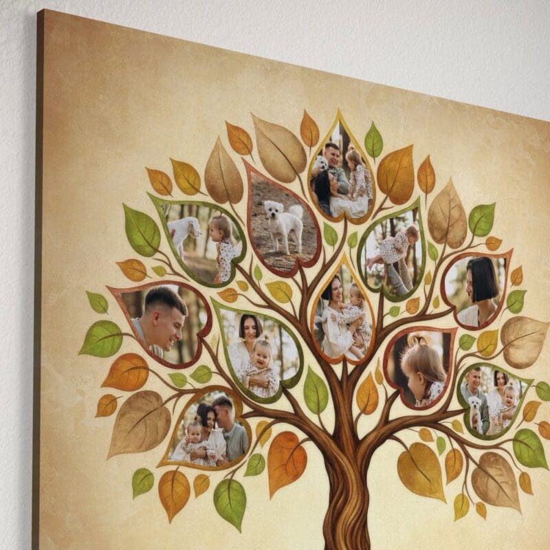 tablou canvas "copacul familiei" – colaj personalizat cu 11 poze și nume de familie
