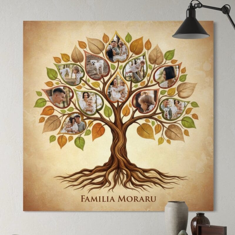 tablou canvas "copacul familiei" – colaj personalizat cu 11 poze și nume de familie