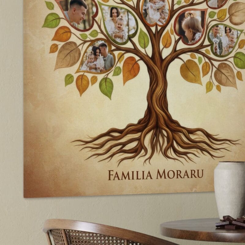 tablou canvas "copacul familiei" – colaj personalizat cu 11 poze și nume de familie