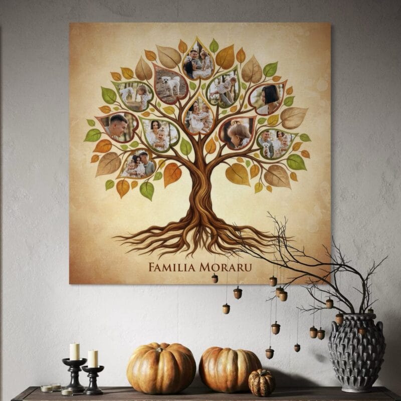 tablou canvas "copacul familiei" – colaj personalizat cu 11 poze și nume de familie