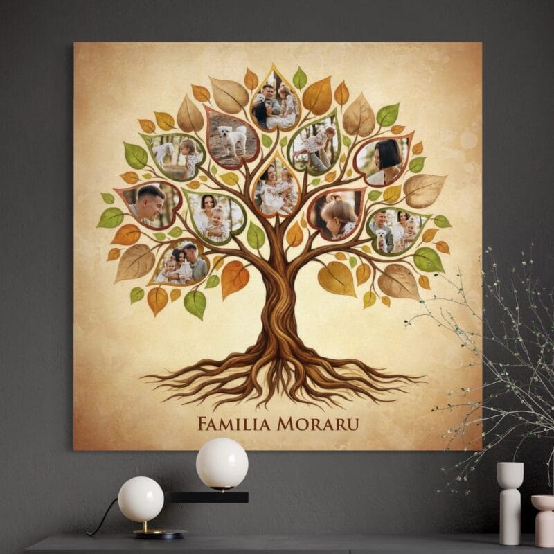 tablou canvas "copacul familiei" – colaj personalizat cu 11 poze și nume de familie