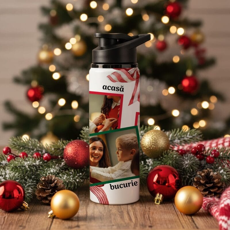 bidon personalizat de crăciun – colaj cu 3 poze și "acasă, Împreună, bucurie"
