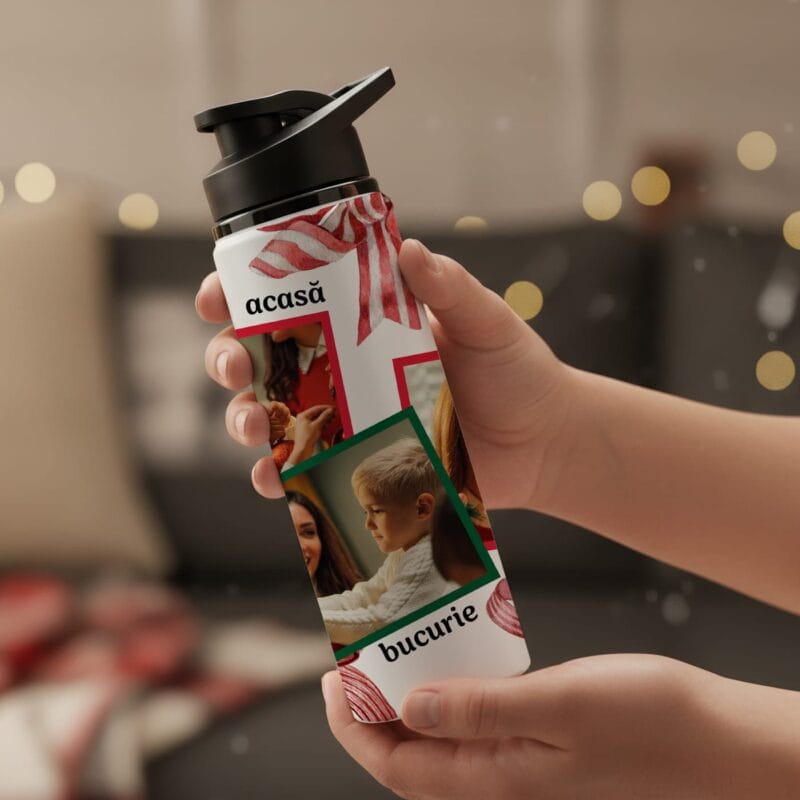bidon personalizat de crăciun – colaj cu 3 poze și "acasă, Împreună, bucurie"