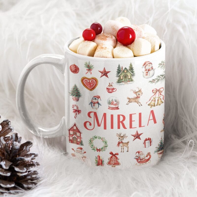 cană de crăciun "colaj festiv" personalizată cu numele tău