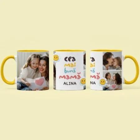 cană personalizată pentru "cea mai bună mamă", colaj cu 3 poze și numele ei
