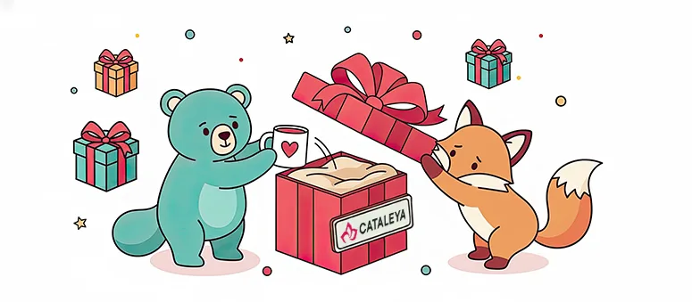 Ilustrație Cataleya Gift — ursuleț și vulpe cu cadouri personalizate