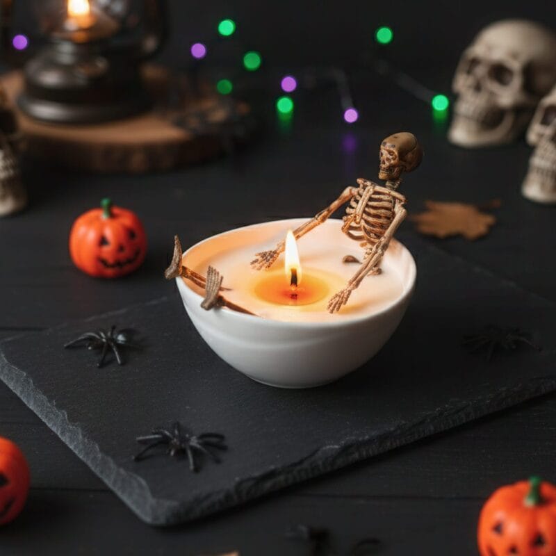 lumânare amuzantă "baia scheletului" parfumată cu aromă de biscuiți