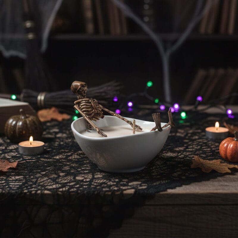 lumânare amuzantă "baia scheletului" parfumată cu aromă de biscuiți