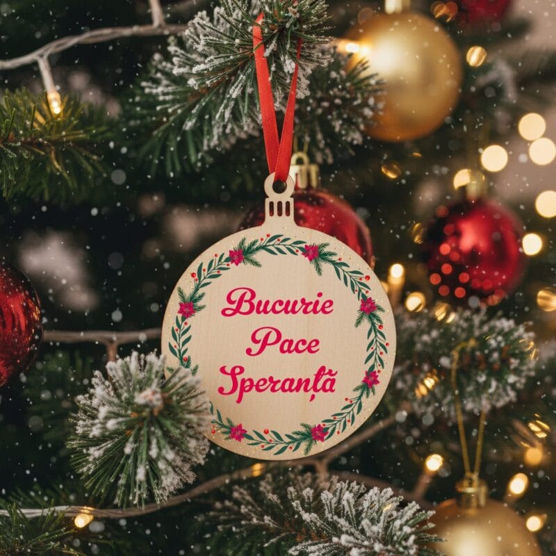 ornament de crăciun "o dorință în brad" glob din lemn personalizat cu mesaj