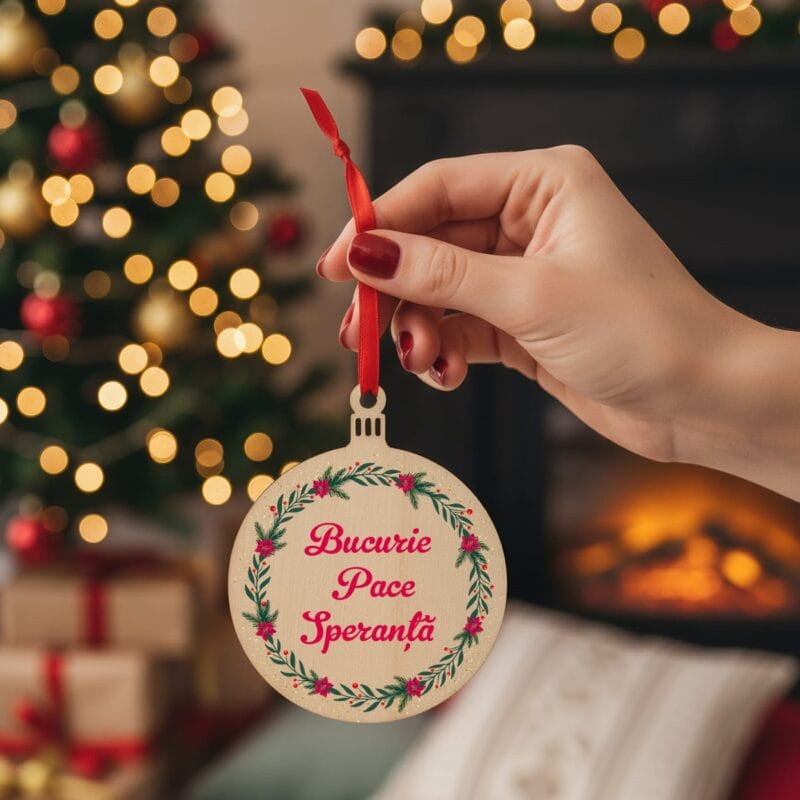 ornament de crăciun "o dorință în brad" glob din lemn personalizat cu mesaj