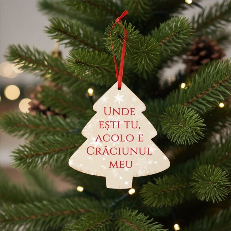 ornament de crăciun personalizat "povestea noastră" glob din lemn cu mesaj