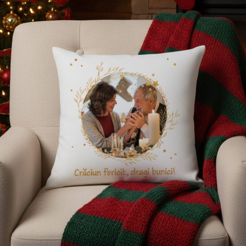 pernă personalizată de crăciun pentru bunici cadou "crăciun fericit" cu poză și mesaj