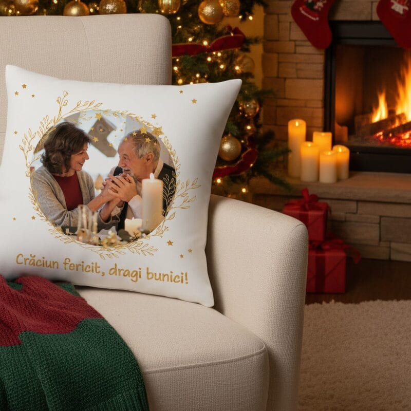 pernă personalizată de crăciun pentru bunici cadou "crăciun fericit" cu poză și mesaj
