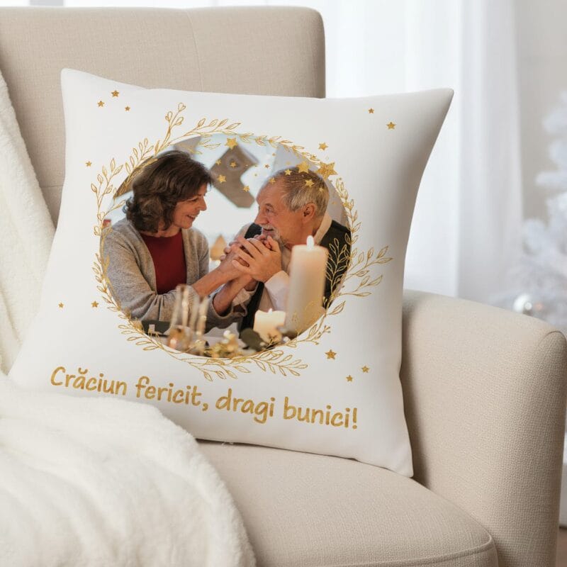 pernă personalizată de crăciun pentru bunici cadou "crăciun fericit" cu poză și mesaj
