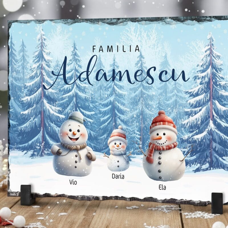placă de ardezie de crăciun "familia om de zăpadă" cadou personalizat cu numele familiei
