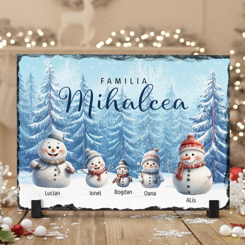 placă de ardezie de crăciun "familia om de zăpadă" cadou personalizat cu numele familiei
