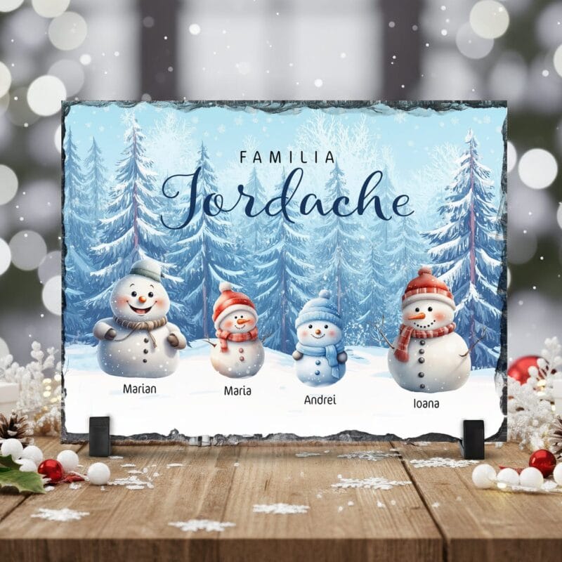 placă de ardezie de crăciun "familia om de zăpadă" cadou personalizat cu numele familiei