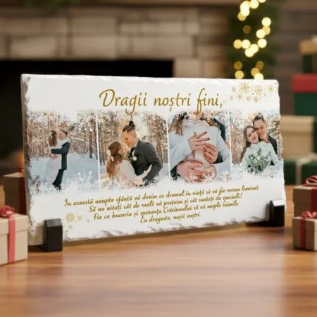 placă de ardezie de crăciun pentru fini cadou de la nași cu 4 poze și mesaj