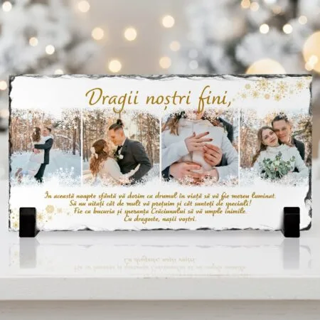 placă de ardezie de crăciun pentru fini cadou de la nași cu 4 poze și mesaj