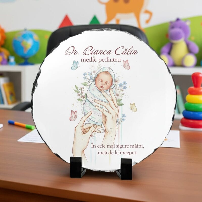 placă de ardezie personalizată pentru medic pediatru cadou de mulțumire "În cele mai sigure mâini"