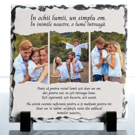 placă de ardezie personalizată pentru tata cadou "o lume Întreagă" cu 3 poze și mesaj