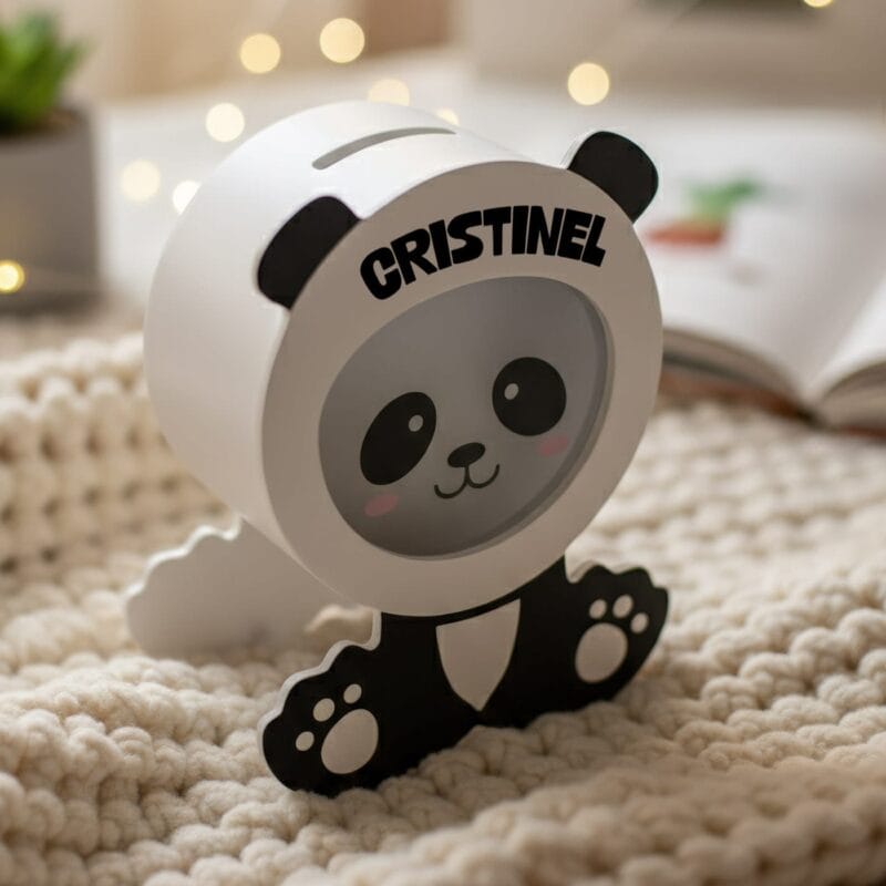 pușculiță personalizată panda "primii mei bănuți" cadou educativ cu nume pentru copii