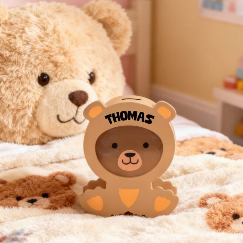 pușculiță ursuleț "prietenul economiilor" cadou afectuos personalizat cu nume