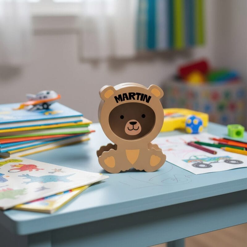 pușculiță ursuleț "prietenul economiilor" cadou afectuos personalizat cu nume