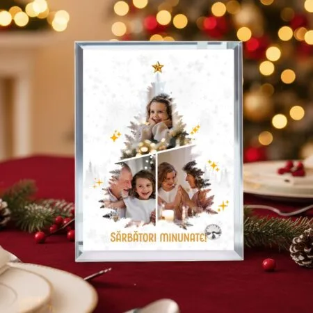 ramă foto din sticlă "brad din amintiri" cadou de crăciun cu 3 poze și contur oglindă