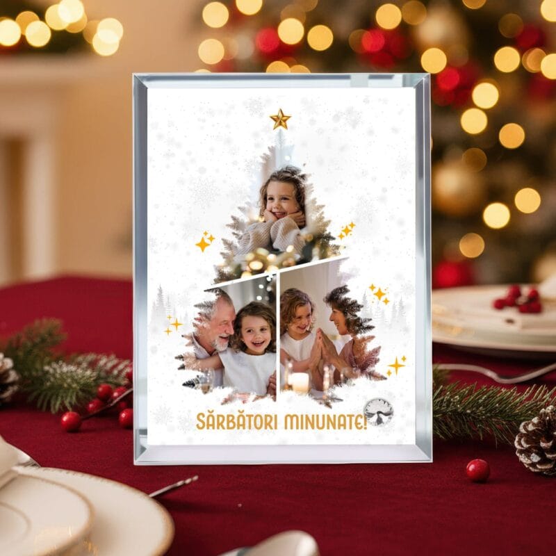 ramă foto din sticlă "brad din amintiri" cadou de crăciun cu 3 poze și contur oglindă