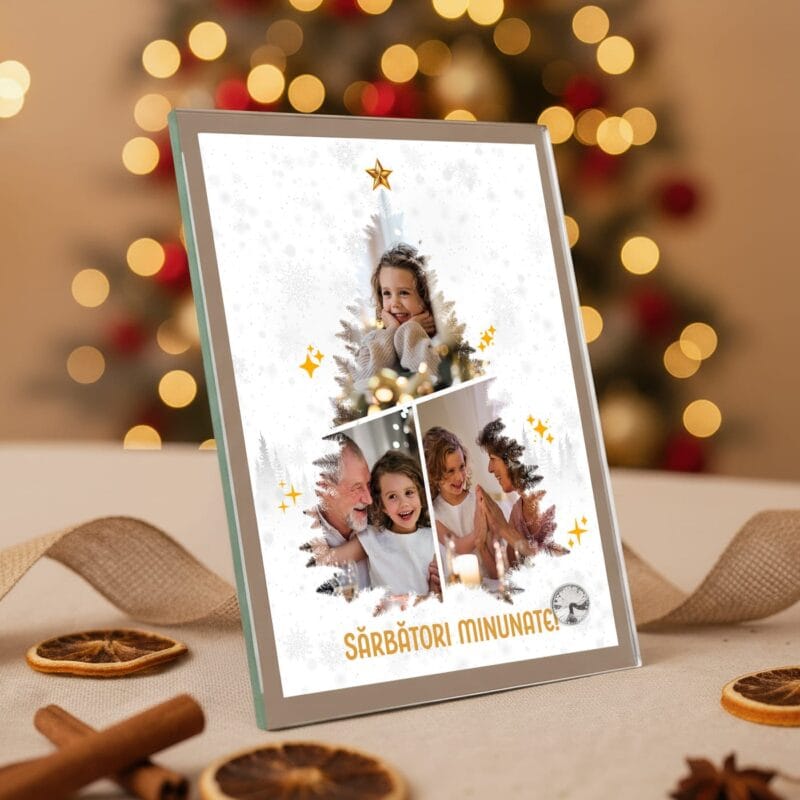 ramă foto din sticlă "brad din amintiri" cadou de crăciun cu 3 poze și contur oglindă