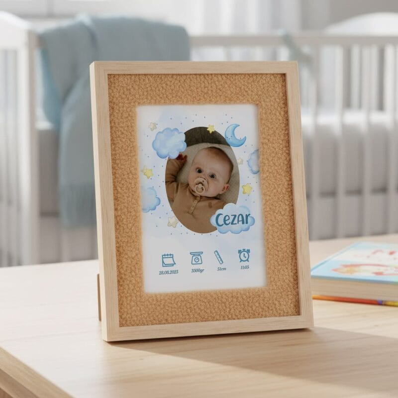 ramă foto plușată personalizată cu datele nașterii – cadoul ideal pentru botez sau nou născut