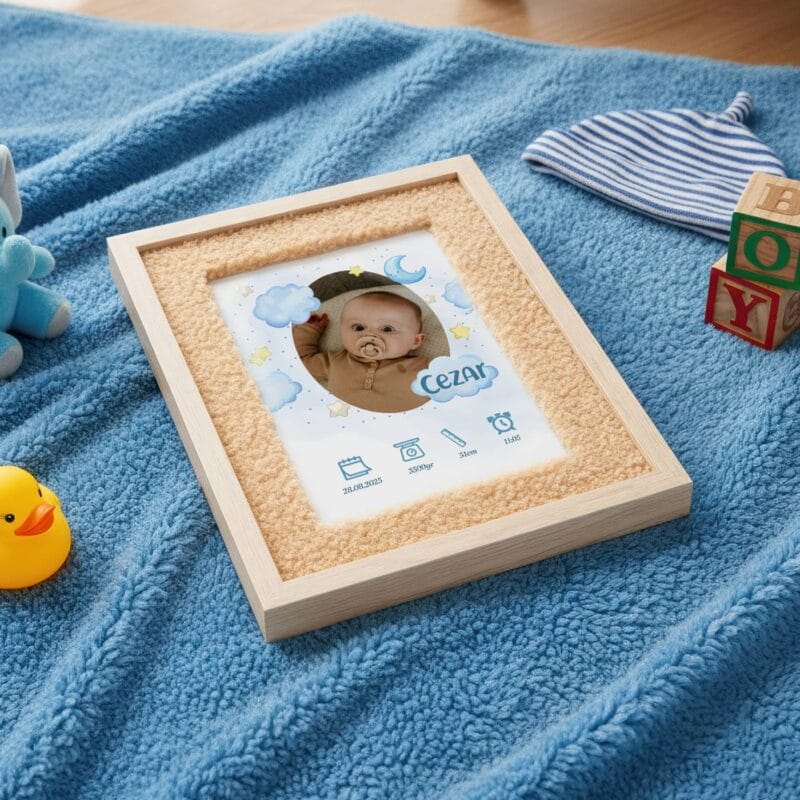 ramă foto plușată personalizată cu datele nașterii – cadoul ideal pentru botez sau nou născut
