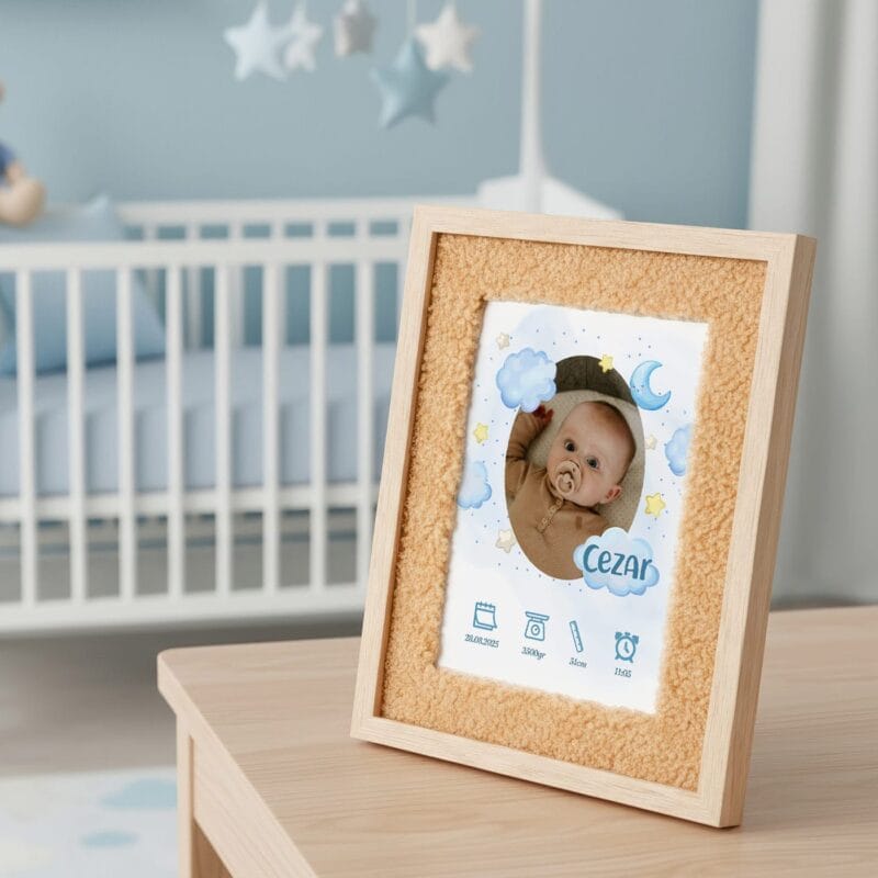 ramă foto plușată personalizată cu datele nașterii – cadoul ideal pentru botez sau nou născut