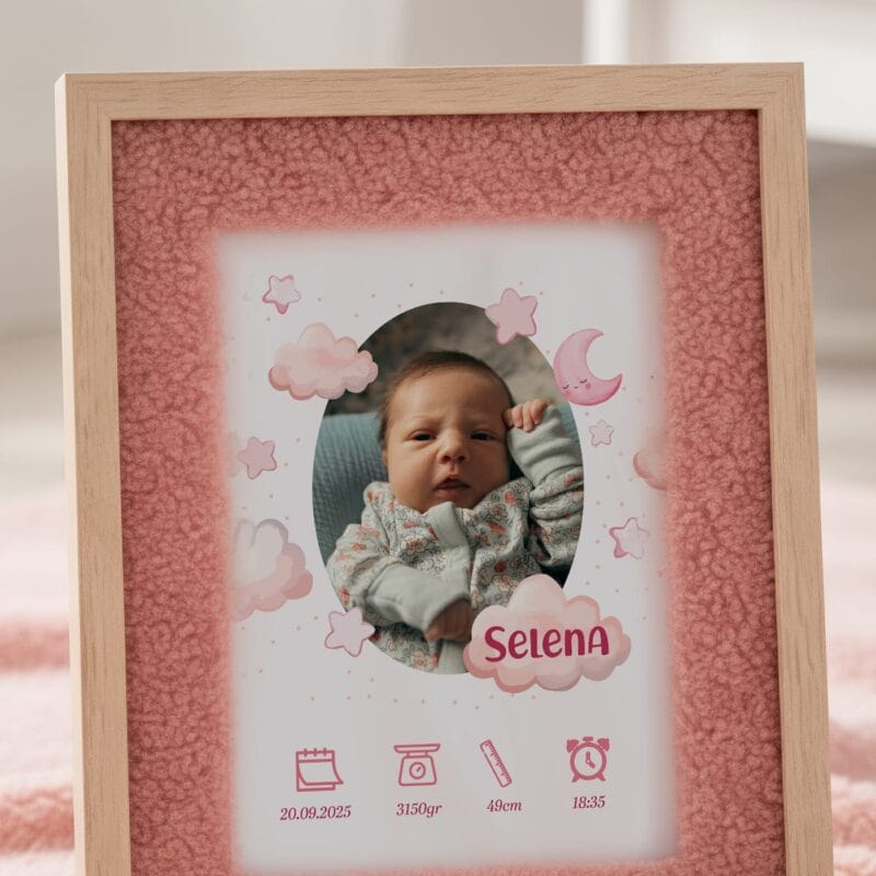 ramă foto plușată personalizată cu datele nașterii – cadoul ideal pentru botez sau nou născut