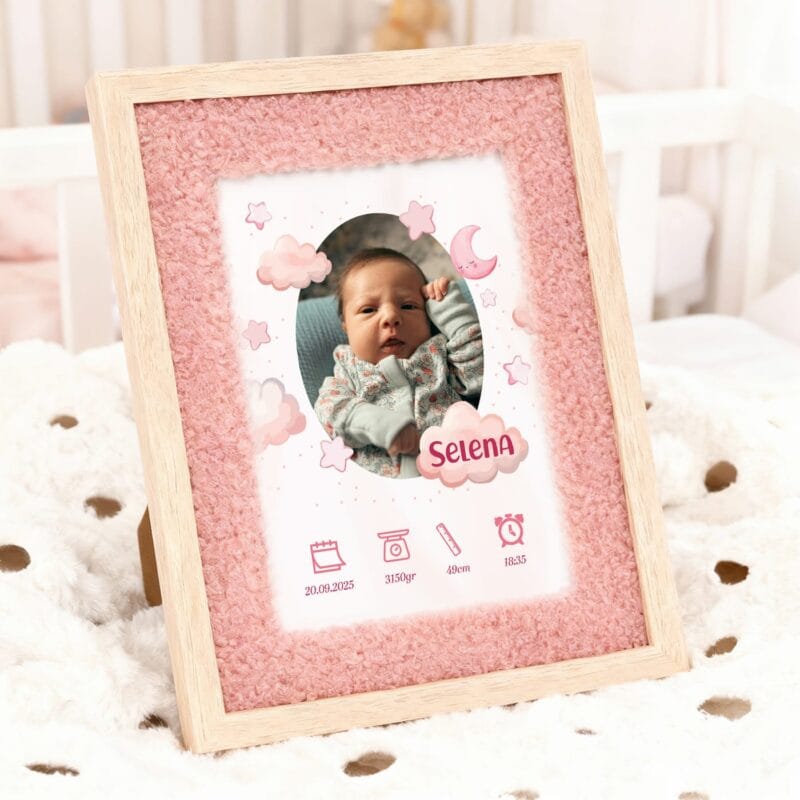 ramă foto plușată personalizată cu datele nașterii – cadoul ideal pentru botez sau nou născut