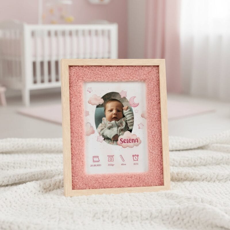 ramă foto plușată personalizată cu datele nașterii – cadoul ideal pentru botez sau nou născut