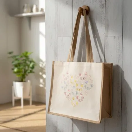 sacoșă "inimă de pisici" cadou brodat și eco friendly pentru iubitorii de feline