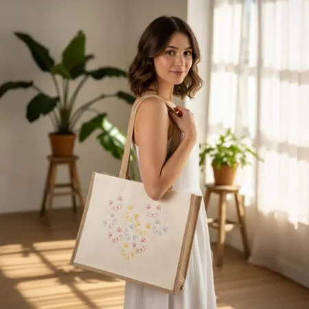 sacoșă "inimă de pisici" cadou brodat și eco friendly pentru iubitorii de feline