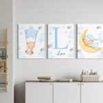 set 3 tablouri personalizate cu nume și monogramă – triptic acuarelă pentru camera copilului