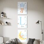 set 3 tablouri personalizate cu nume și monogramă – triptic acuarelă pentru camera copilului