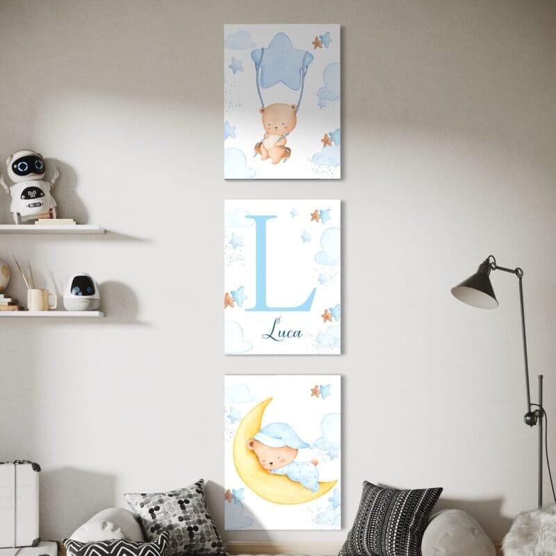 set 3 tablouri personalizate cu nume și monogramă – triptic acuarelă pentru camera copilului
